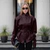 Womens Vintage Burgundy PU Leather Jacket Slim Fit Stand Collar Belted Winter Coat