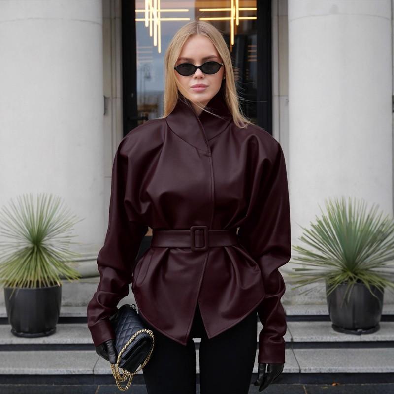 Womens Vintage Burgundy PU Leather Jacket Slim Fit Stand Collar Belted Winter Coat