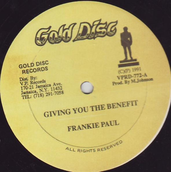 12-дюймовая пластинка FRANKIE PAUL - Giving You The Benefit VPRD772 Золотой диск 1991 США Регги, Ска и Даб Б/У