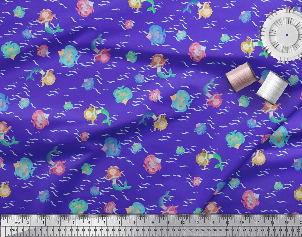 Soimoi Синяя полиэстеровая креповая ткань с принтом «русалка и морская звезда» на метры 42 дюйма