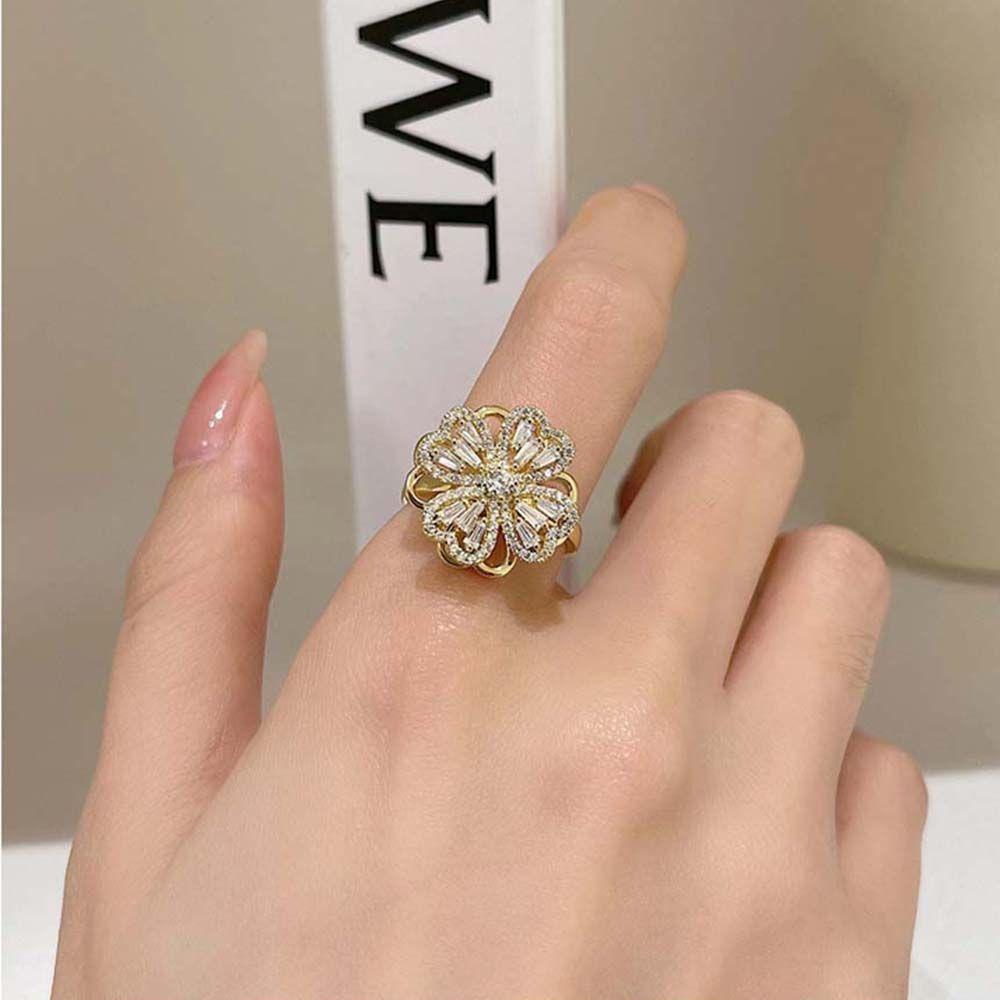 Gold Color Windmill Four-leaf Clover Rings Korean Style Women Finger Rings Spinning Zircon Rings