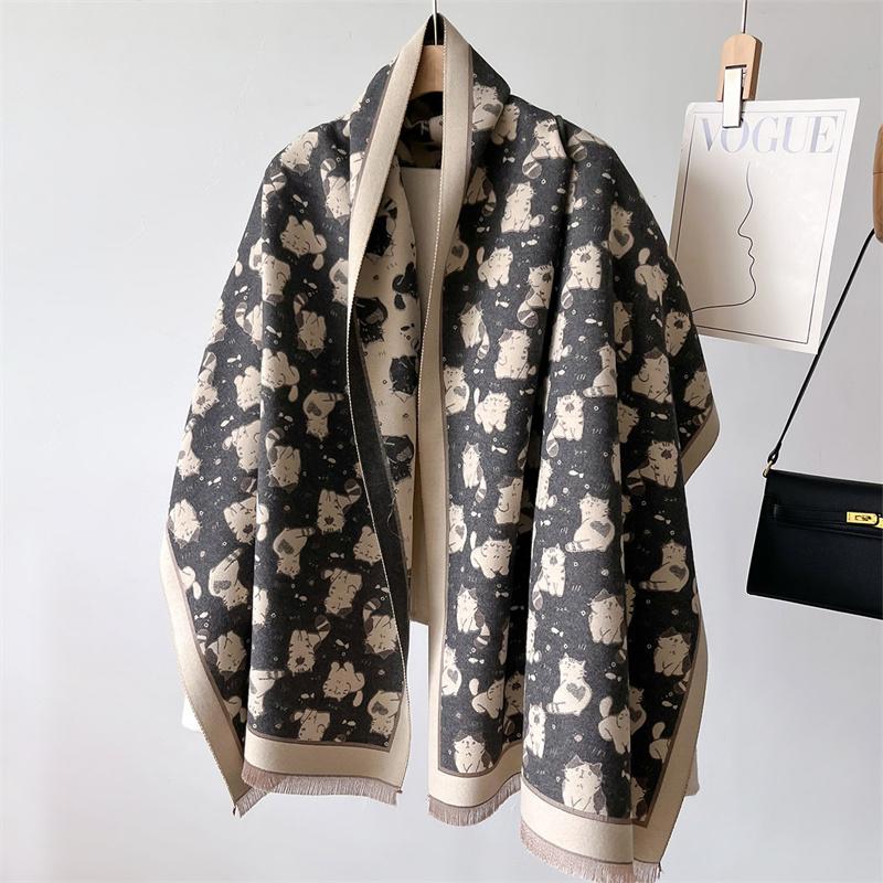Cat Print Winter Warm Cashmere Scarf for Women Luxury Thick Blanket Shawl Wraps Pashmina Neckerchief Lady Poncho Echarpe