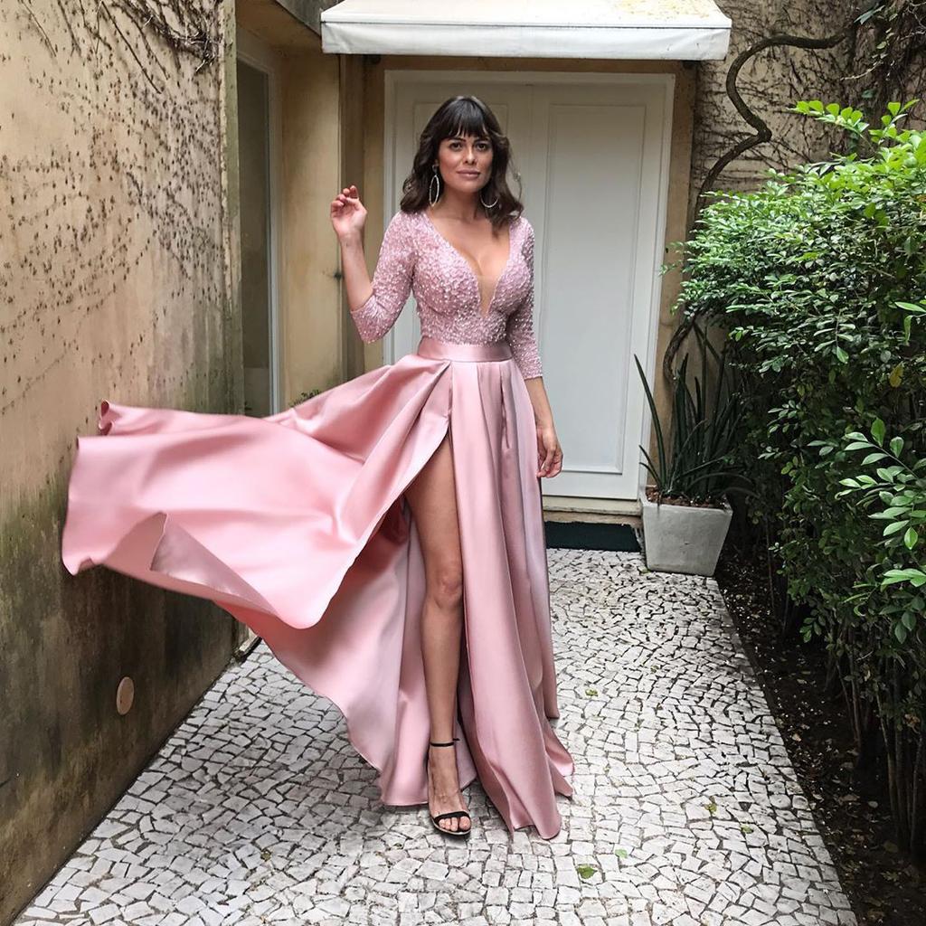 Women's Fashion Long Sleeve V-Neck Bronzing Large Lace Sexy Long Dress Tail Banquet Evening Dress