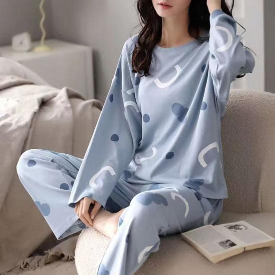 2Pcs/Set O-Neck Long Sleeve Mid-Rise Elastic Waistband Loose Pajamas Set Girls Cartoon Print Pullover Blouse Long Pants Set