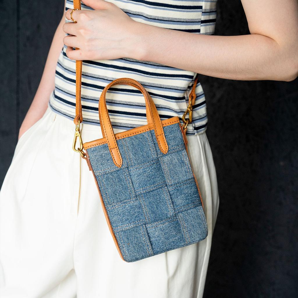 Женская сумка из натуральной кожи, Повседневная и универсальная, Женская сумка кроссбоди, Модная сумка из денима и кожи растительного дубления