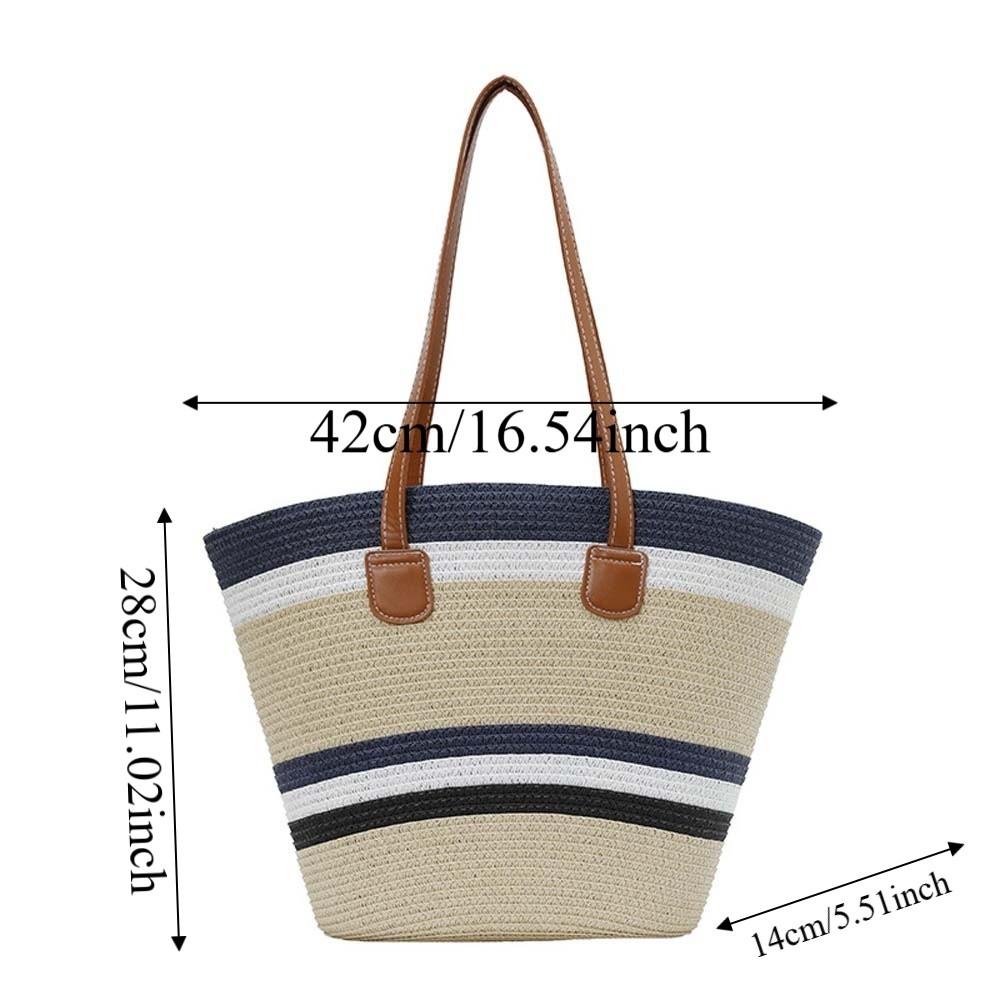 Large Capacity Shopping Straw Bag Polyester Summer Beach Handbag Stripe Woven Tote Bag Female