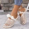 Fish Mesh Hollowed Out Rhinestone Toe Slippers for Women 2025 New Fashionable Flat Bottomed Bow Large Comfortable Soft Bottomed Roman Sandals
