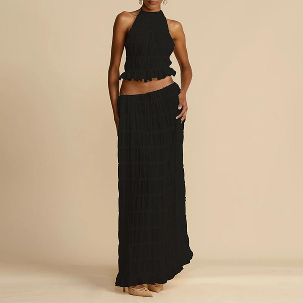 Женский легкий дышащий однотонный сексуальный кружевной топ и юбка с открытой спиной, комплект из двух предметов, свободное платье для отдыха на море