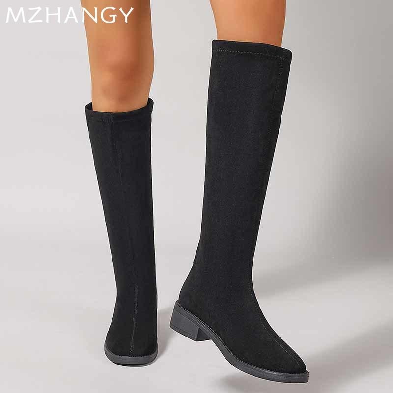 Замшевые массивные женские высокие сапоги, модные элегантные туфли на среднем каблуке для ходьбы 2024 года, зимние новые брендовые туфли-лодочки, платье Chelsea Botas Mujer