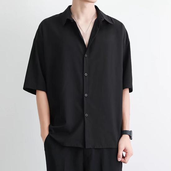 Men Summer Shirt Turn-down Collar Single-breasted Loose Short Sleeve Solid Color Buttons Soft Breathable Men Casual Top