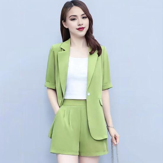 2 Piece Women Casual Outfit Lapel Short Sleeve Blazer Shorts Solid Color OL Style Single Button Blazer Shorts Set Elegant Office Suit