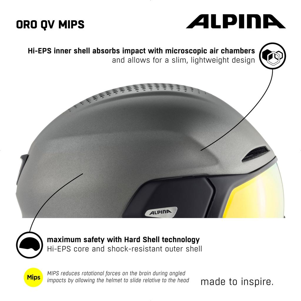 ALPINA ORO QV MIPS Ski and Snowboard Helmet with Polarized Photochromic Mirror and Glasses Size Cm Visor, MIPS, Compatible, 55-59