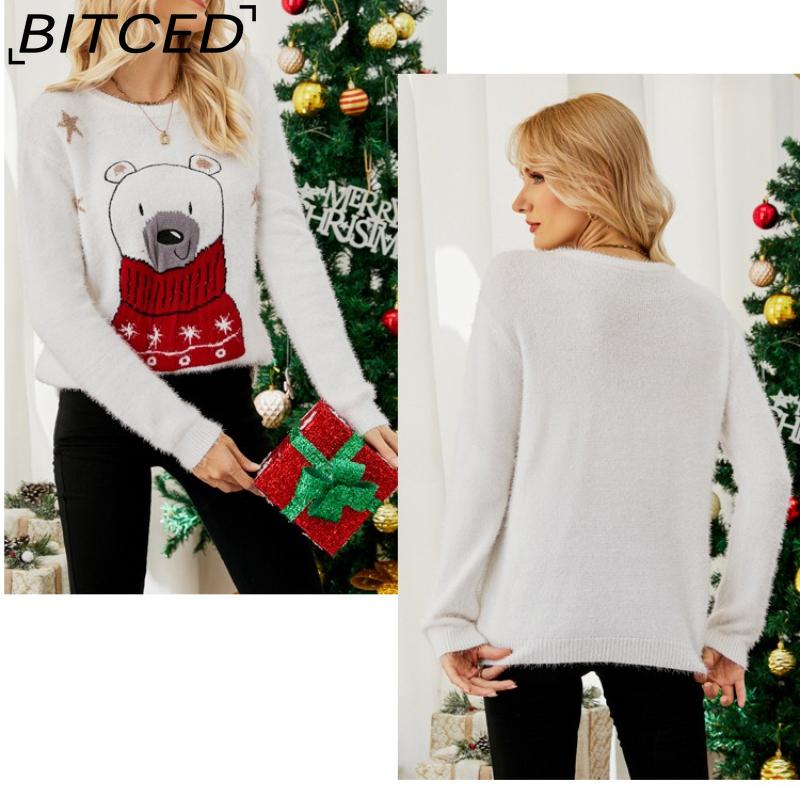 BITCED Knitted Top Christmas Cartoon Jacquard Knit Sweater Embroidered Bear Christmas Jumper