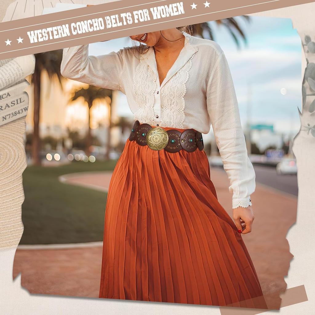 Western Leather Belts For Woman Concho Cowgirl Cowboy Disc Belt For Ladies Wide Boho Country Waist Belts For Dress