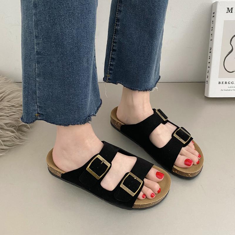 Новые летние женские пробковые тапочки повседневные пляжные с двойной пряжкой нескользящие наружные шлепанцы из нубука из кожи на платформе женские сандалии