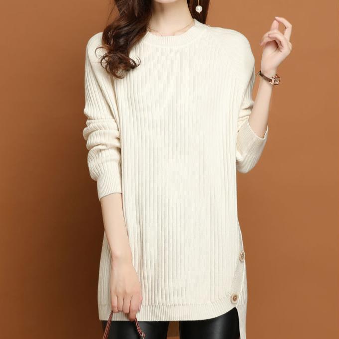 Women's Crew Neck Sweater Autumn Winter Loose Midi Pullover Knitwear Simple Irregular Hem Thick Knit Top Solid Color Stretch Jumper