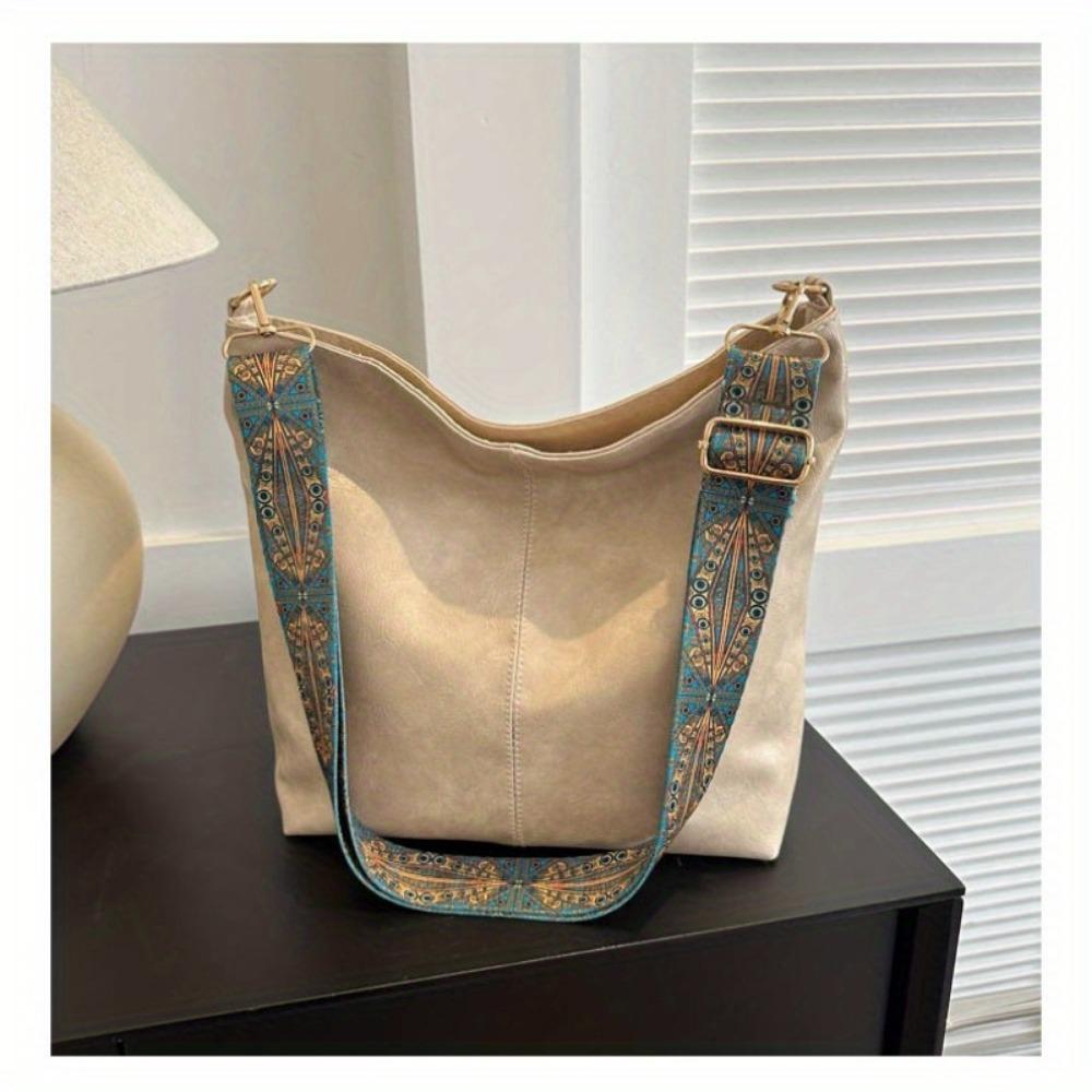 Bohemian Style Large Capacity Ladies Shoulder Bag, Vintage Wide Strap Crossbody Bag, Casual Commuter Bag