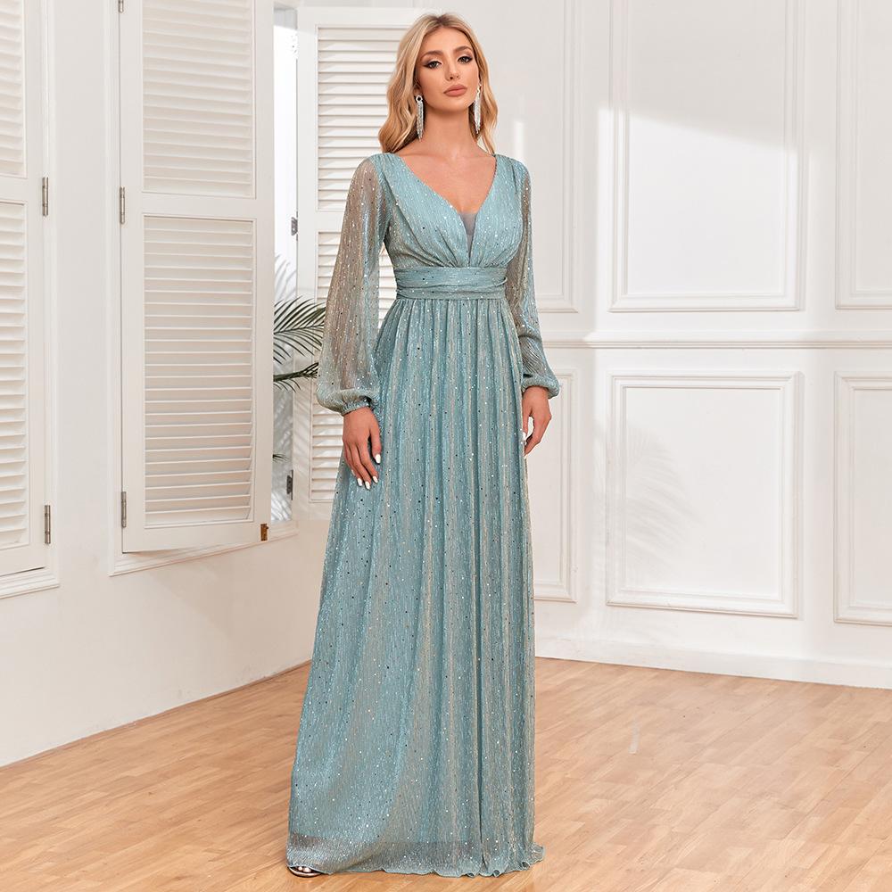 GMXIA Spring Autumn Women's Sparkly Pleated Elastic Perspective Long Sleeve V-neck A Skirt Full Lined Elegant Evening Dress