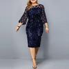 Women O Neck 3/4 Sleeve Sheer Patchwork Shiny Sequins Bodycon Knee-length Dress