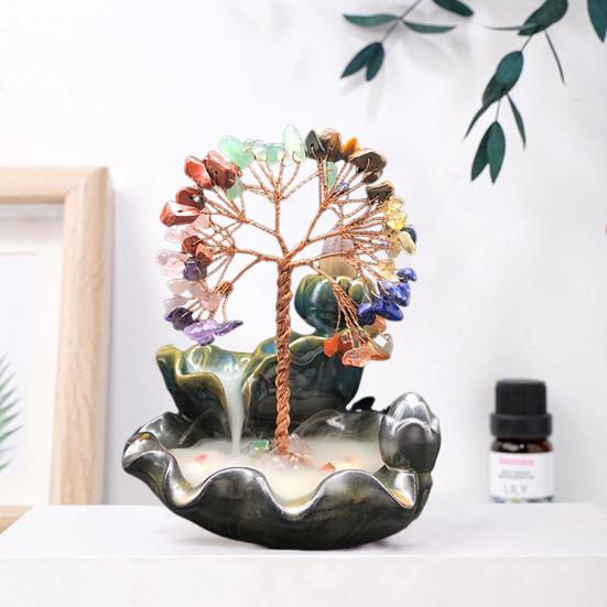 Waterfall Incense Burner Faux Crystal Stone Lucky Tree Resin Ornament Handicraft Incense Cone Holder for Room Home Zen Decoration Meditation