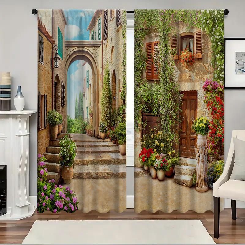 2PC Home Nostalgic Architecture Curtains With Landscape Background And Pole Pocket Curtains, Kitchen, Coffee Shop, Living Room,