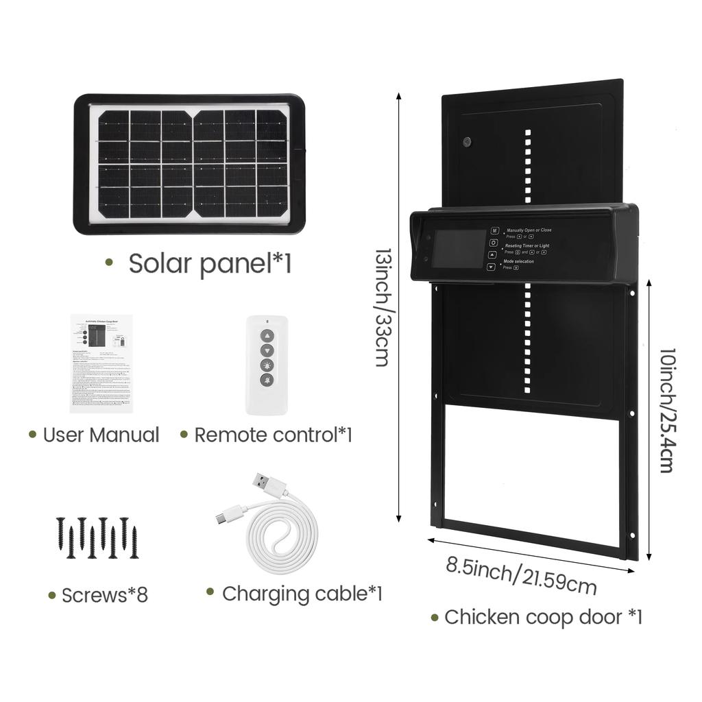 Solar Automatic Chicken Coop Door with LCD Screen, Light Sensor/ Timer/ Remote Control Auto Chicken Doors Anti Pinch Waterproof
