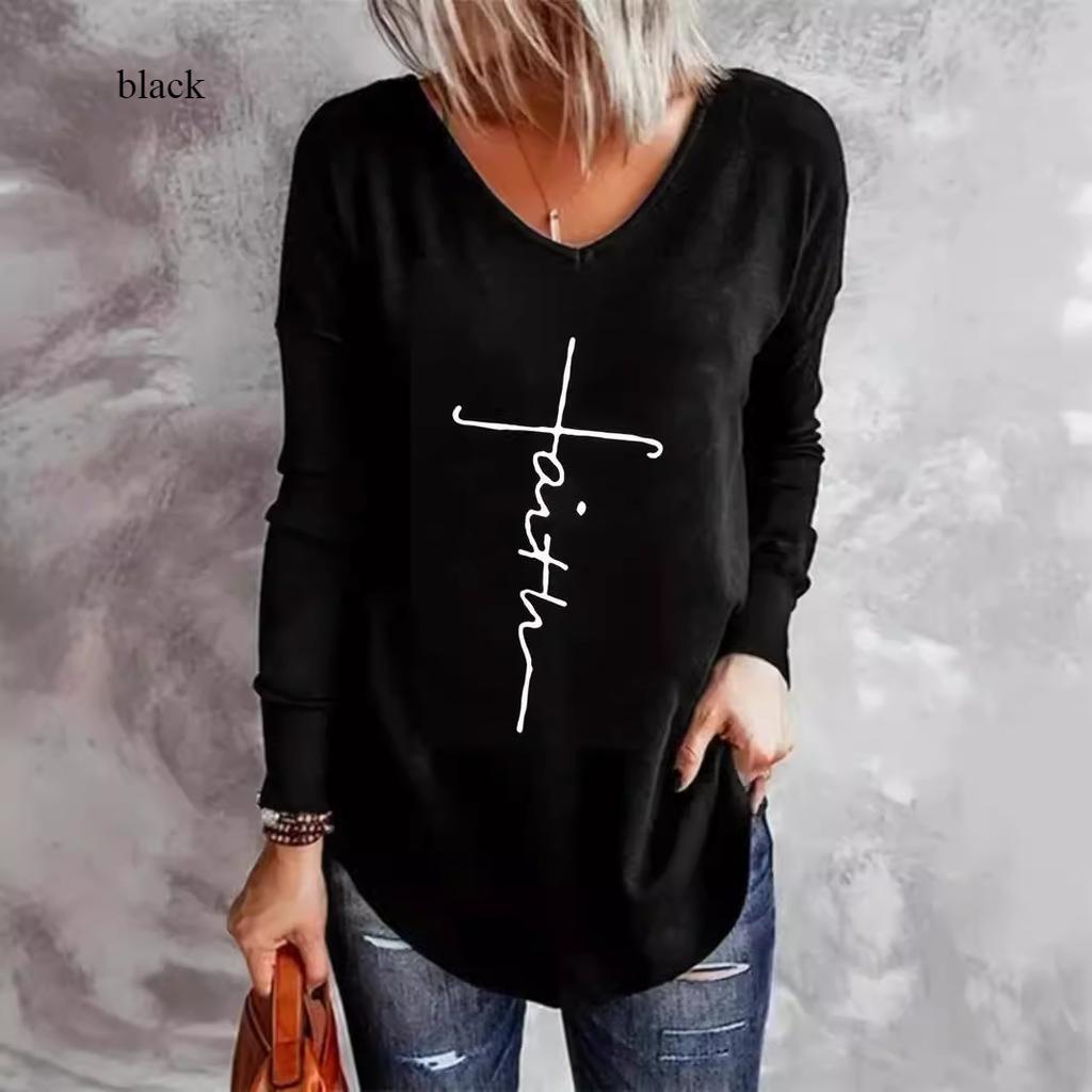 Animal Letters Feather Moon Printed 3D T Shirts Plus Size Black Tees Women Fashion V Neck Long Sleeve T Shirt