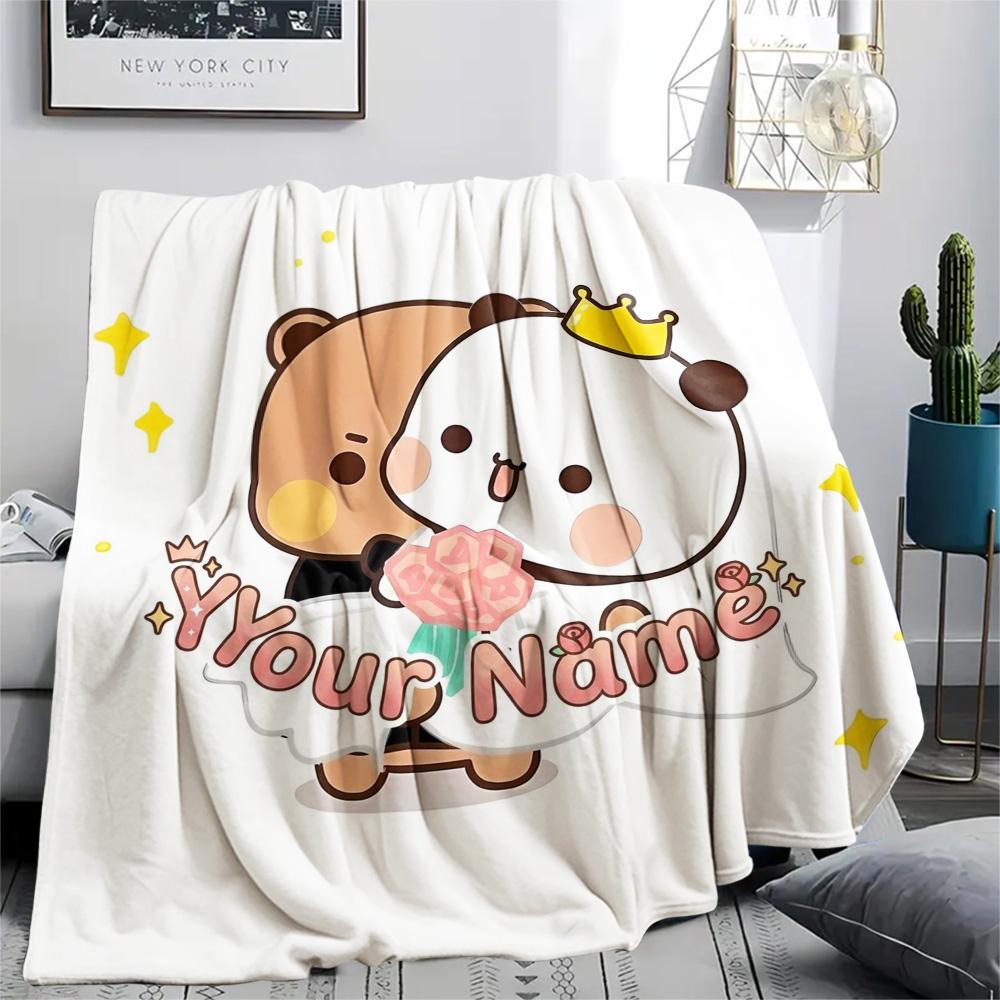 1PC Bear Panda Night Custom Name Patterned Flannel Blanket Suitable For All Seasons For Home Decor Warmth And Comfort Gifts Holiday Present