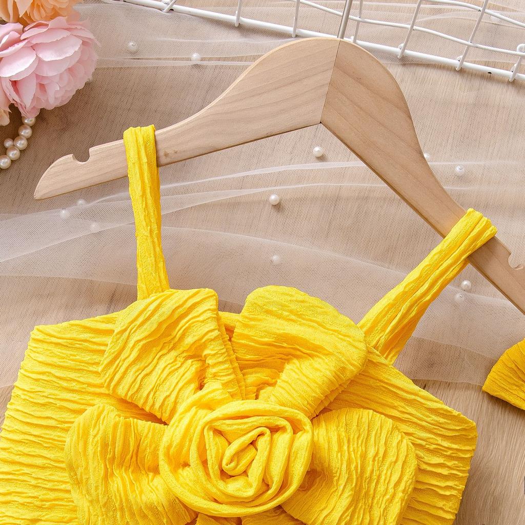 Модный комплект для девочек Летний детский многоцветный объемный цветочный топ-халтер + шорты + головной убор