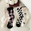 Носки с оборками, цветочный принт, уличные носки в стиле ретро в стиле Харадзюку, средние носки для женщин, повседневные носки в клетку для милых девочек в стиле JK Lolita Kawaii, милые носки