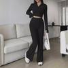 Women's Casual Ribbed Solid Color Two-Piece Set: Zipper Long Sleeve Cropped Top & High Waist Flared Pants