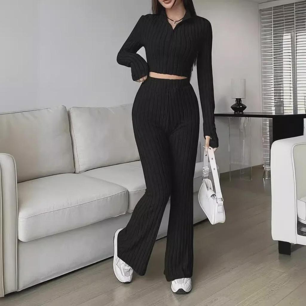 Women's Casual Ribbed Solid Color Two-Piece Set: Zipper Long Sleeve Cropped Top & High Waist Flared Pants