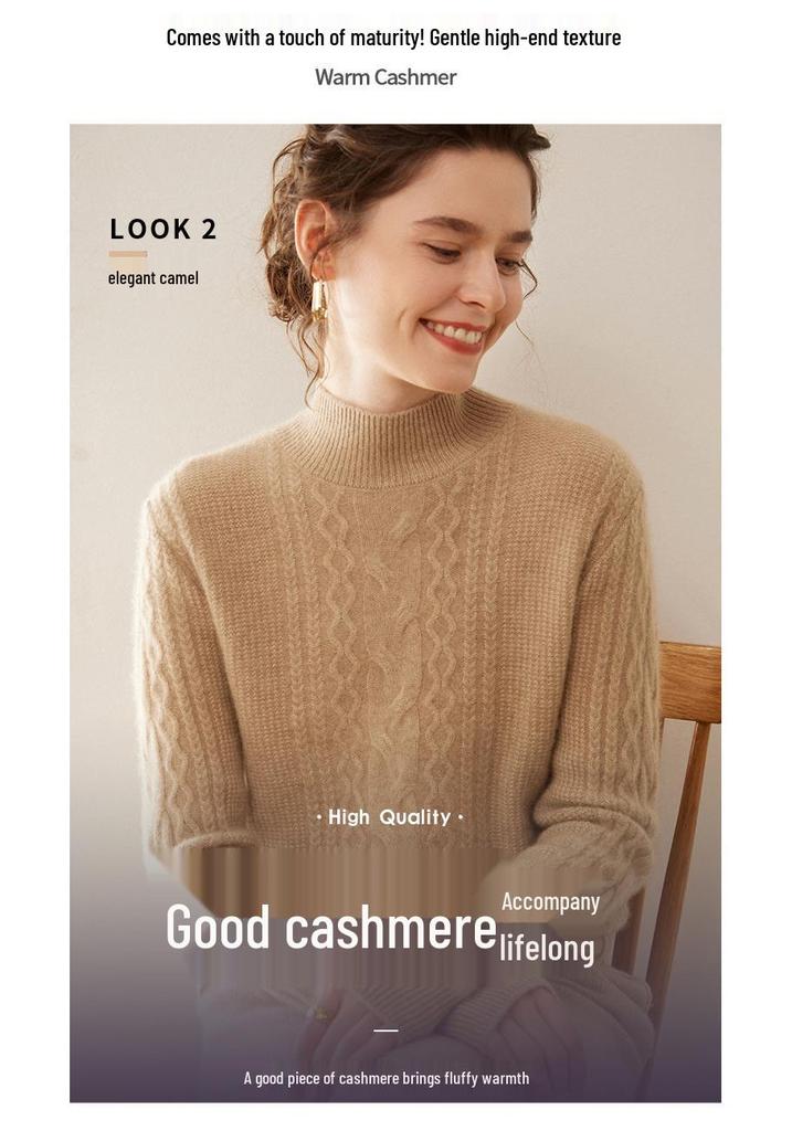 Women's Cable Knit Cashmere Sweater - Twisted Flower Bobble Stitch, Half-High Collar, Slim Fit
