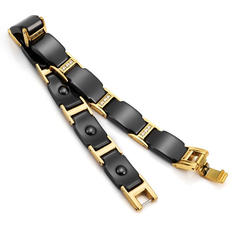 Браслет-цепочка крест из нержавеющей стали 10 мм в панк-золотом цвете для мужчин и женщин, черная керамика, оздоровительный, магнитный, с цирконом, ювелирное изделие