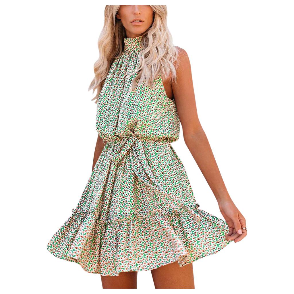 Women's Fashion Sleeveless Neck Tie Waist Floral Print Chiffon Dress