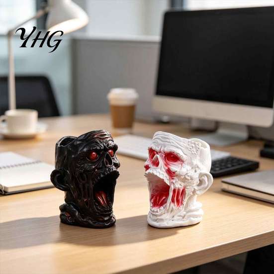 Spooky Desktop Storage Gothic Skull Pen Holder, Realistic Zombie Head Makeup Brush Organizer, Large Capacity Unique Halloween Ornament Container,