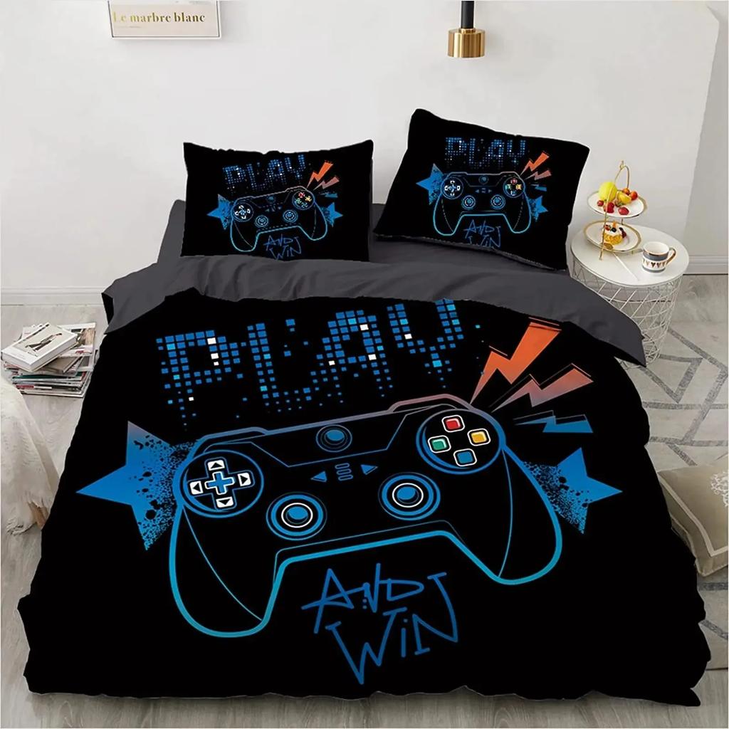 Gamer Duvet Cover Set Rotating Music Comforter Cover Gamepad Gaming Bedding Set for Boys Headphone Bedspreads Cover Queen Size