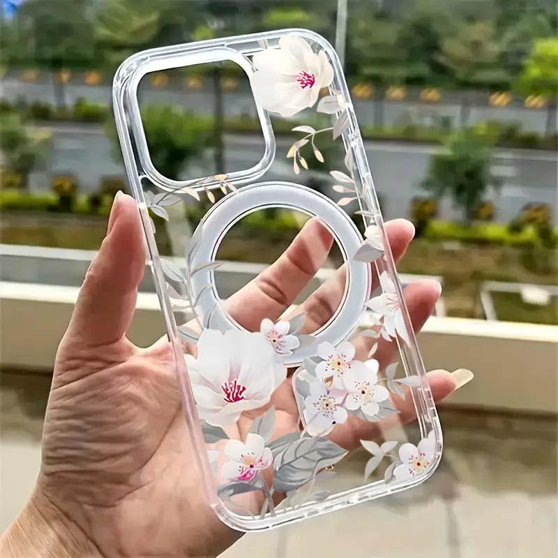 Магнитный Чехол Для iPhone 17 16 15 14 13 12 11 Pro X XS Max XR 7 8 Plus 16E Беспроводная Зарядка Прозрачный Чехол Для Телефона Цветочный Дизайн