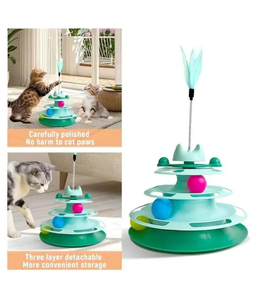 Интерактивная игрушка для кошек Башня для котят Вращающаяся дорожка Роликовые шарики Игрушки с перьями Принадлежности для тренировки питомцев Игрушка для кошачьей башни