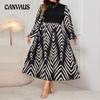 Women's Plus Size Splicing Long Sleeved New Waist Shrink Elegant High Waisted Skirt Dress with Bubble Sleeves