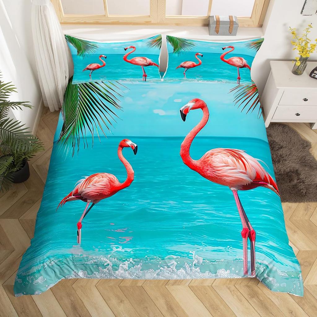 Chic Flamingo Duvet Cover Queen Beach Theme Tropical Animal Bedding Set, Coastal Sunset Comforter Cover Cute Wildlife Bed Set