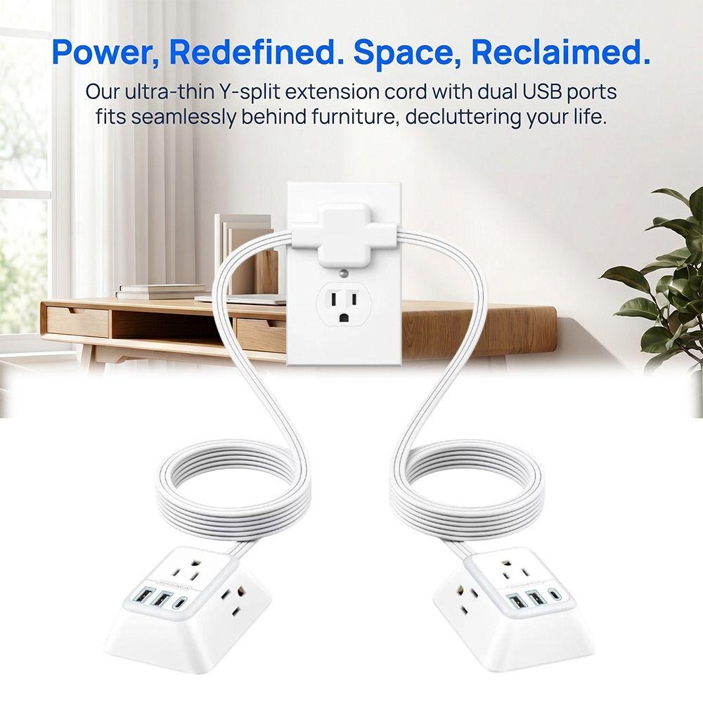 12FT Length Twin Extension Cord 2 USB-A Ports Split Power Strip Overload Protectio