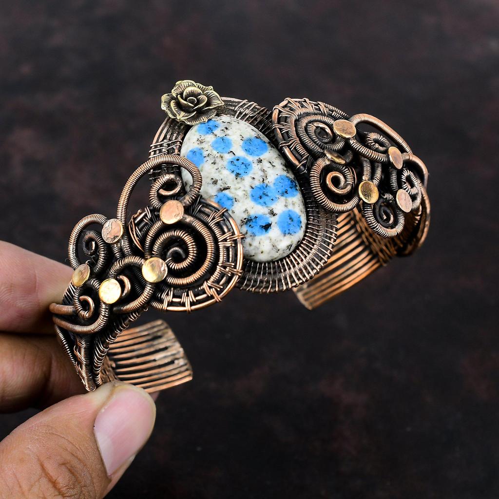 K2 Браслет из яшмы Медная проволока Браслет-манжета Браслет-манжета Драгоценный камень Медные украшения Регулируемые манжеты Браслет ручной работы в стиле бохо Подарок для него Цветочный браслет