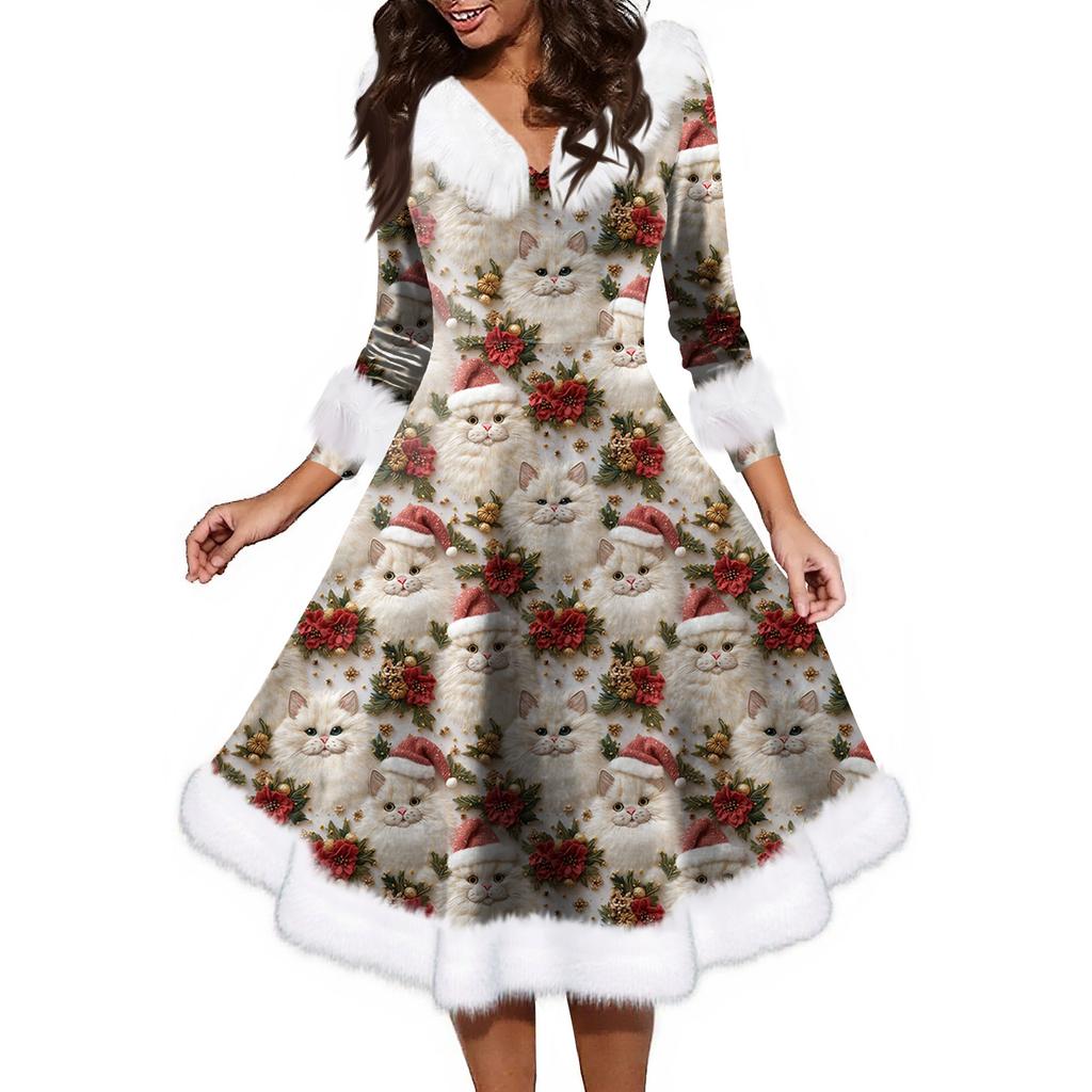 Женское модное повседневное платье с v-образным вырезом и рождественским принтом для вечеринки с длинными рукавами