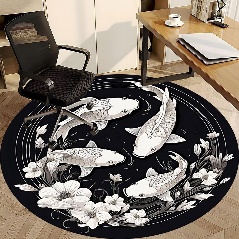 1pc Koi Fish Circle Chair Carpet for Office, Round Non Slip Durable Large Size Office Carpet, Suitable for Office
