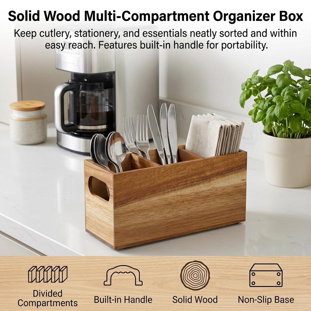 Flatware Caddy Solid Wood Divided Silverware Holder Portable Handle for Kitchen Countertop Dining Table Organizer Durable