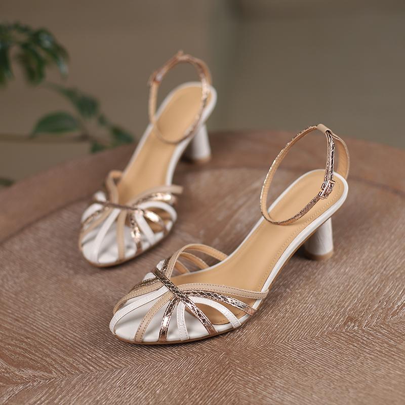 2024 New Women Sandals Ankle Strap Pumps Concise Fashion Genuine Leather Thin High Heels Summer Office Wedding Party Shoes Woman