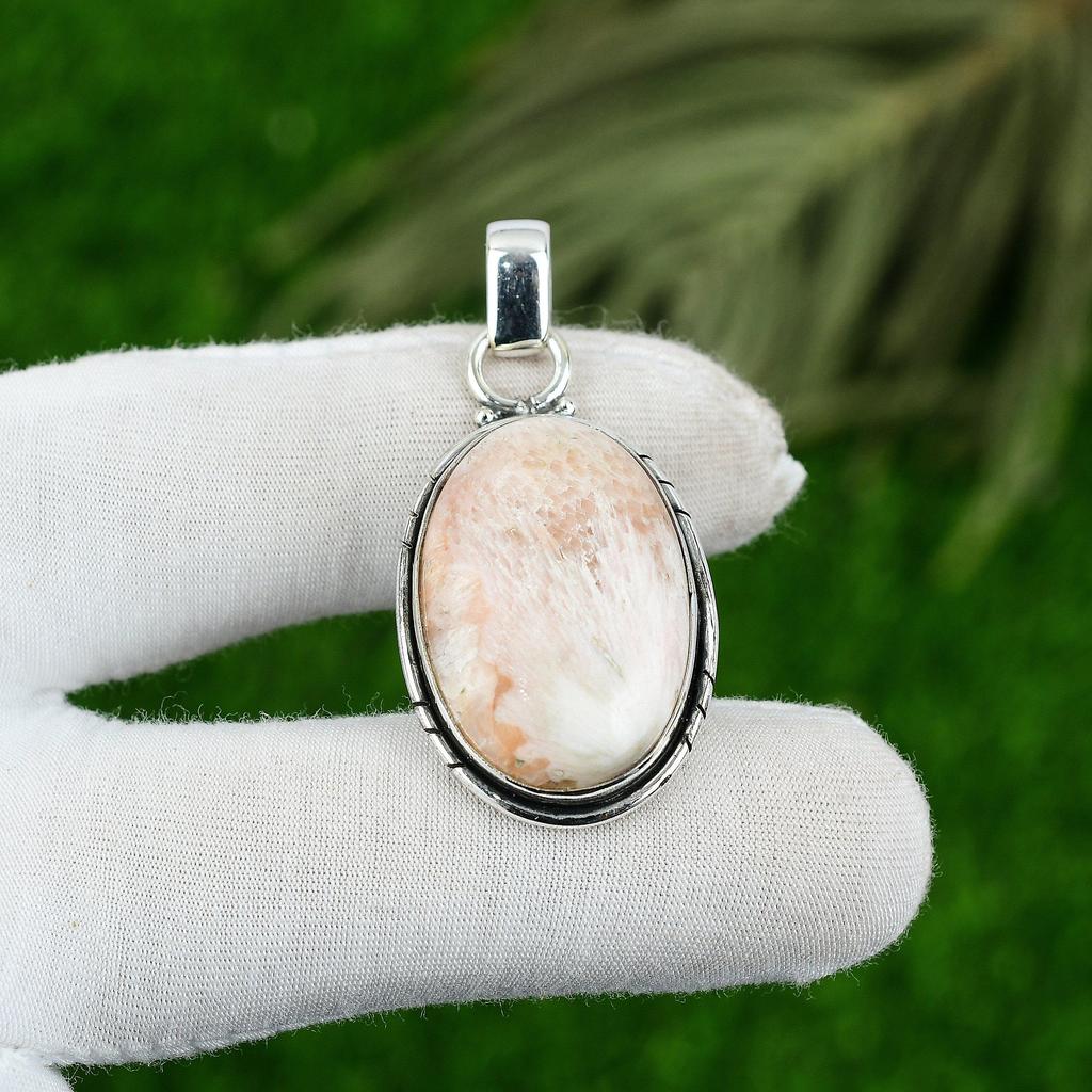 925 Silver Scolecite Stone Wife Wedding Bezel Ethnic Birthday Pendant Jewelry