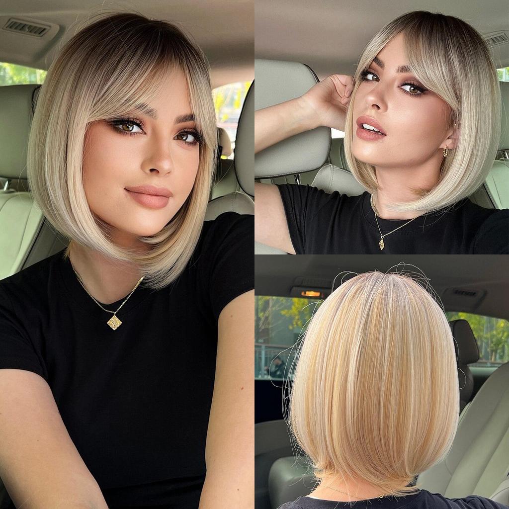 Cosplay Ombre Brown Platinum Blonde Wig Synthetic Straight Short Bob Hair Wigs for Women Natural Heat Resistant Party Daily Use