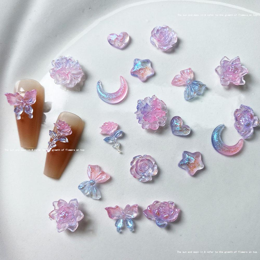 50pcs Mix Luminous Rose Flower Nail Art Charms Moon Star Heart Aurora Butterfly Nail Decorations Charms Y2K DIY Manicure Parts